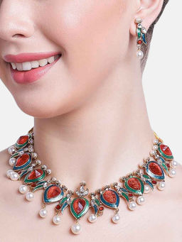 Estele - Gold Plated Amore Multi Colour Pearl Drop Designer Jewellery Set with Enamel for Women