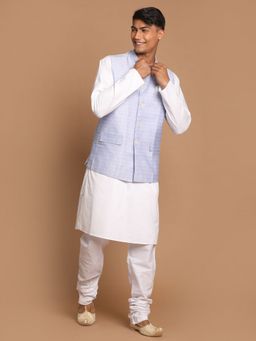 Vastramay - Mens Blue and White Pure Cotton Jacket - Kurta and Pyjama (Set of 3)