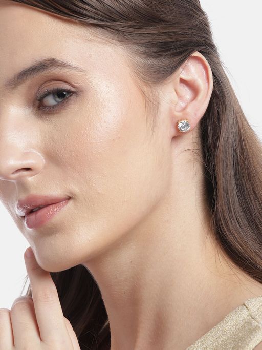 Zavya Dazzling Solitude Gold-Plated 925 Sterling Silver Stud Earrings