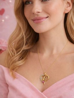 Digital Dress Room - Women E Letter Heart Initial Pink-White Stone Gold Short Necklace