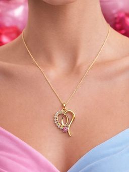 Digital Dress Room - Women Q Letter Heart Initial Pink-White Stone Gold Short Necklace