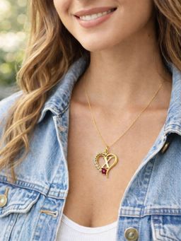 Digital Dress Room - Women X Letter Heart Initial Pink-White Stone Gold Short Necklace