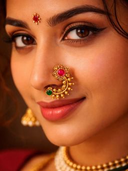 Digital Dress Room - Women Traditional Multi-Color Stone Gold Plated Maharashtrian Nath