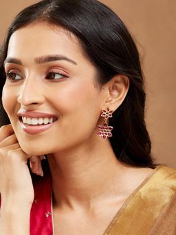 Fabindia - Women Pink-Green Floral Metal Dangler Earrings