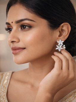 JEWELZ - Women Silver-Tone Floral Crystal Stud Earrings