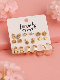 JEWELZ - Women Gold-Tone Studs and Hoops Earrings (Pack of 9)
