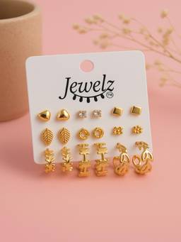JEWELZ - Women Gold-Tone Multi-Design Studs and Hoops Earrings (Pack of 9)