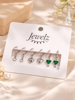 JEWELZ - Women Silver-Tone Heart Charm Drop Earrings (Pack of 3)