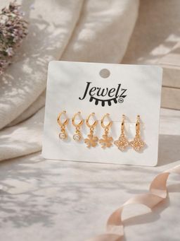 JEWELZ - Women Gold-Tone Floral Charm Drop Earrings (Pack of 3)