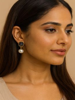 JEWELZ - Women Gold-Tone Black-White Stone Pearl Drop Earrings