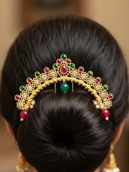 Accessher - Women Pink-Green-White Stone Gold-Plated Bridal Hair Juda Pin