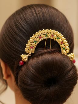Accessher - Women Red-Green Gold-Plated Leaf Motif Hair Juda Pin