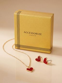Accessorize London - Women Red Heart Pendant Necklace Set