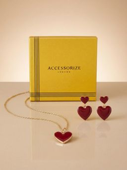 Accessorize London - Women Red Heart Pendant Necklace Set