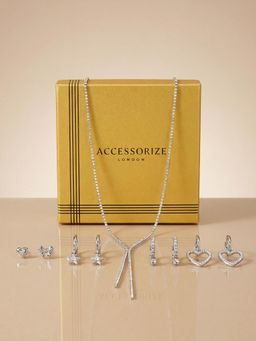 Accessorize London - Women Silver Crystal Tassel Necklace Set
