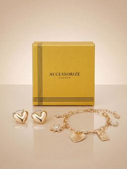 Accessorize London - Women Gold-Tone Charm Link Bracelet with Heart Hoop Earrings