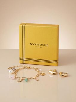 Accessorize London - Women Gold-Tone Multi Charm Bracelet with Heart Hoop Earrings