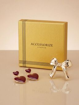 Accessorize London - Women Red Heart Drop Earrings with Gold-Tone Bow Hair Clip