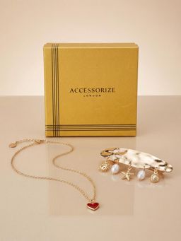 Accessorize London - Women Red Heart Necklace with Pearl Charm Hair Clip