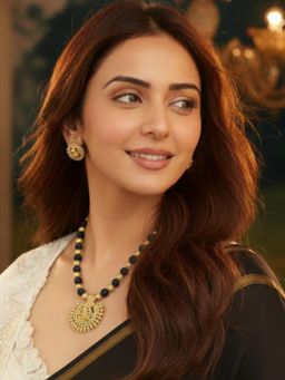 Accessher - Women Gold-Plated Black Beads Mahalakshmi Temple Necklace Set