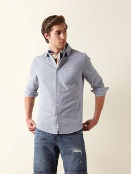 The Bear House - Blue Cotton Full Sleeves Collar Neck Shirt