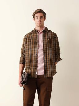 The Bear House - Brown Cotton Full Sleeves Collar Neck Shirt
