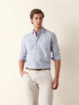 The Bear House - Blue Cotton Full Sleeves Collar Neck Shirt