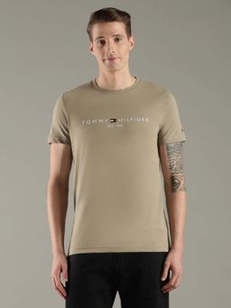 Tommy Hilfiger - Beige Cotton Half Sleeves Crew Neck T-Shirt