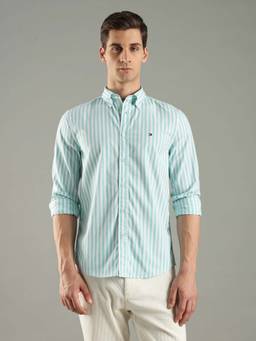 Tommy Hilfiger - Turquoise Cotton Full Sleeves Collar Neck Shirt