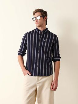 The Bear House - Blue Cotton Full Sleeves Collar Neck Shirt