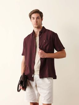 The Bear House - Maroon Cotton Half Sleeves Collar Neck Shirt
