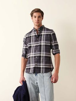 The Bear House - Grey Cotton Full Sleeves Collar Neck Shirt