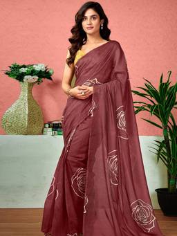 URBAN PALLU - Pure Cotton Brown Floral Printed Saree