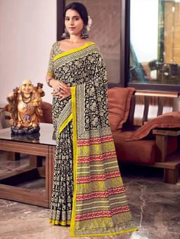 URBAN PALLU - Pure Cotton Black Floral Printed Saree