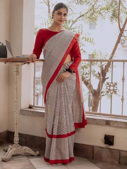 URBAN PALLU - Pure Cotton Grey Stripes Saree