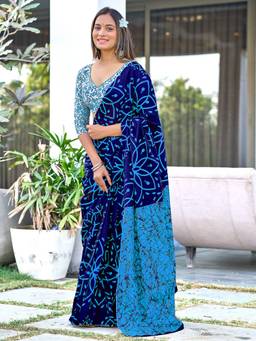 URBAN PALLU - Pure Cotton Blue Floral Printed Saree