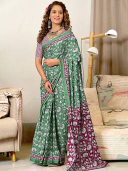 URBAN PALLU - Pure Cotton Green Floral Printed Saree
