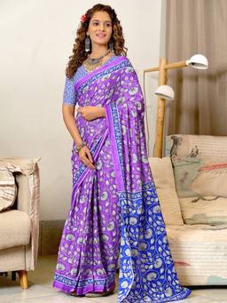 URBAN PALLU - Pure Cotton Purple Floral Printed Saree