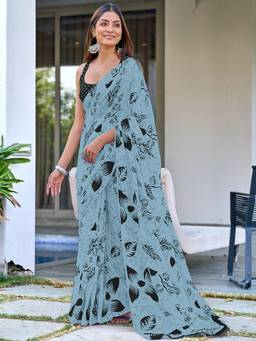 URBAN PALLU - Pure Cotton Grey Floral Printed Saree