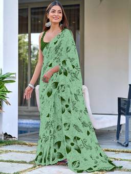 URBAN PALLU - Pure Cotton Green Floral Printed Saree