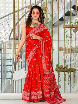 URBAN PALLU - Pure Cotton Red Floral Printed Saree