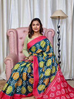 URBAN PALLU - Pure Cotton Teal Geometric Printed Saree