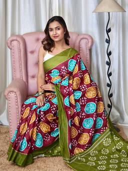 URBAN PALLU - Pure Cotton Maroon Geometric Printed Saree