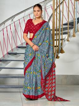 URBAN PALLU - Pure Cotton Grey Geometric Printed Saree
