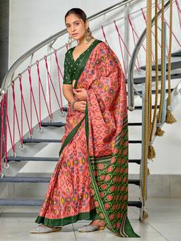 URBAN PALLU - Pure Cotton Peach Ikat Printed Saree