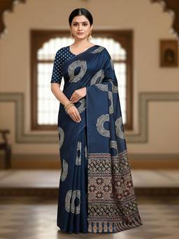 URBAN PALLU - Pure Cotton Blue Printed Printed Saree