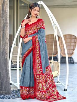 URBAN PALLU - Pure Cotton Grey Printed Woven Saree