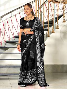URBAN PALLU - Pure Cotton Black Geometric Printed Saree