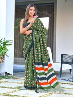 URBAN PALLU - Pure Cotton Green Printed Woven Saree
