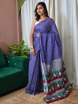 URBAN PALLU - Pure Cotton Blue Polka Dots Printed Saree